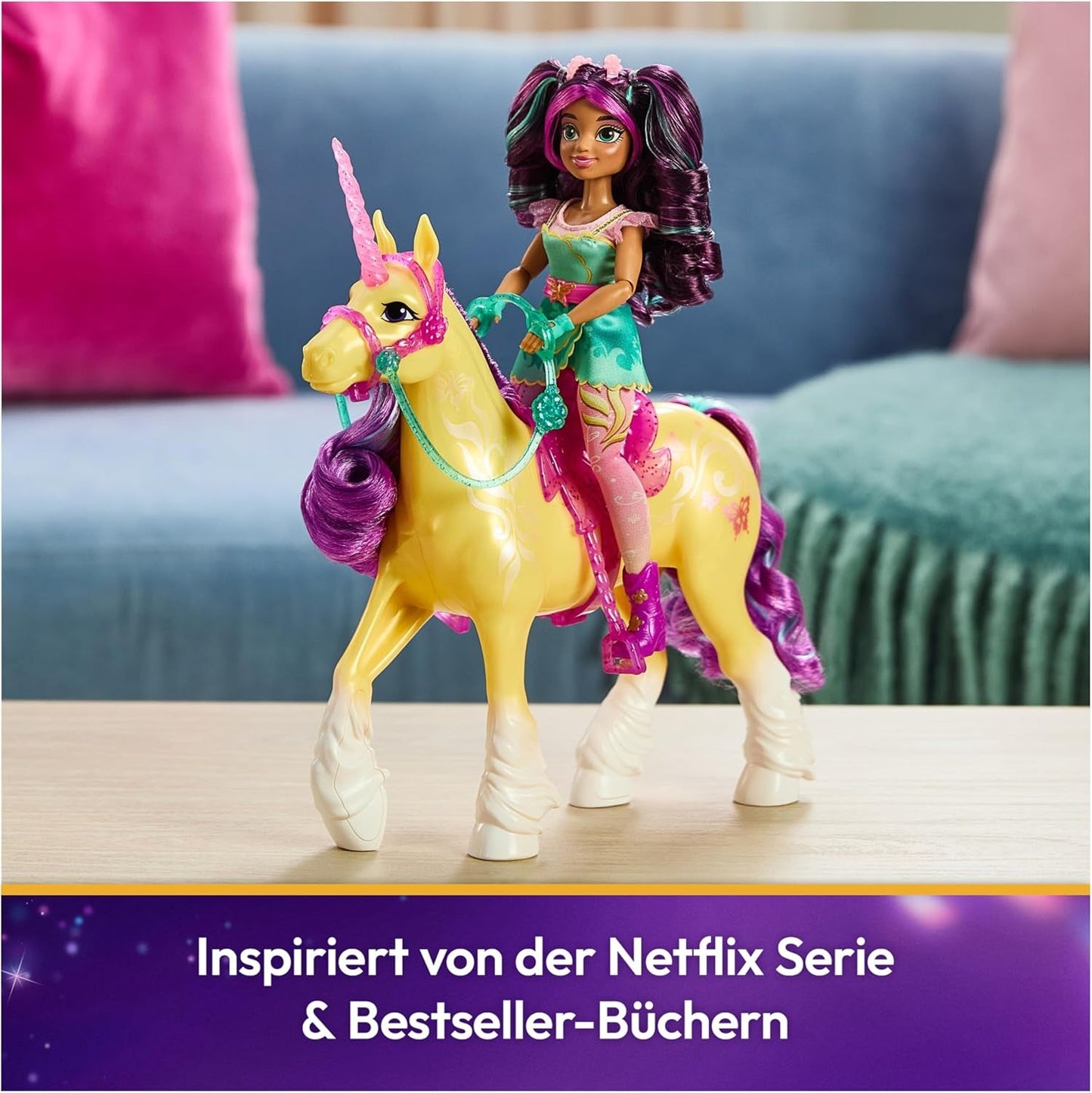 Unicorn Leaf Unicorn Academy - oryginalny jednorożec Ava o wysokości 28 cm z serii Netflix z prawdziwą grzywą i ogonem, zdejmowaną uzdą, siodłem i szczotką, dla dzieci w wieku od 4 lat