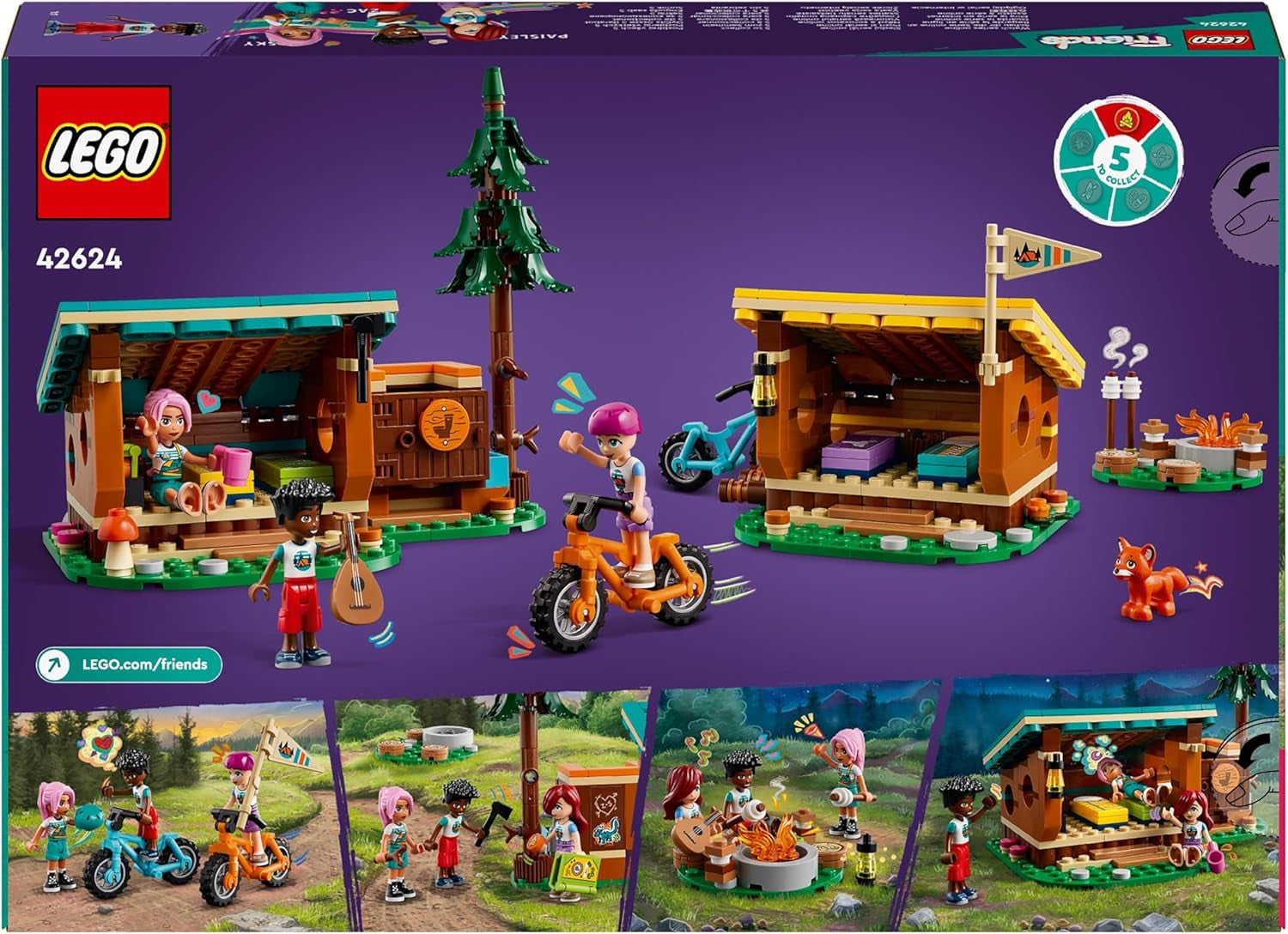 LEGO Friends Przytulne chatki na obozie przygodowym, zestaw do odgrywania ról na świeżym powietrzu, zabawka dla dziewcząt i chłopców od 7 lat z 3 figurkami i lisem, zabawka kempingowa 42624 Zestawy do budowania Besuche den LEGO-Store