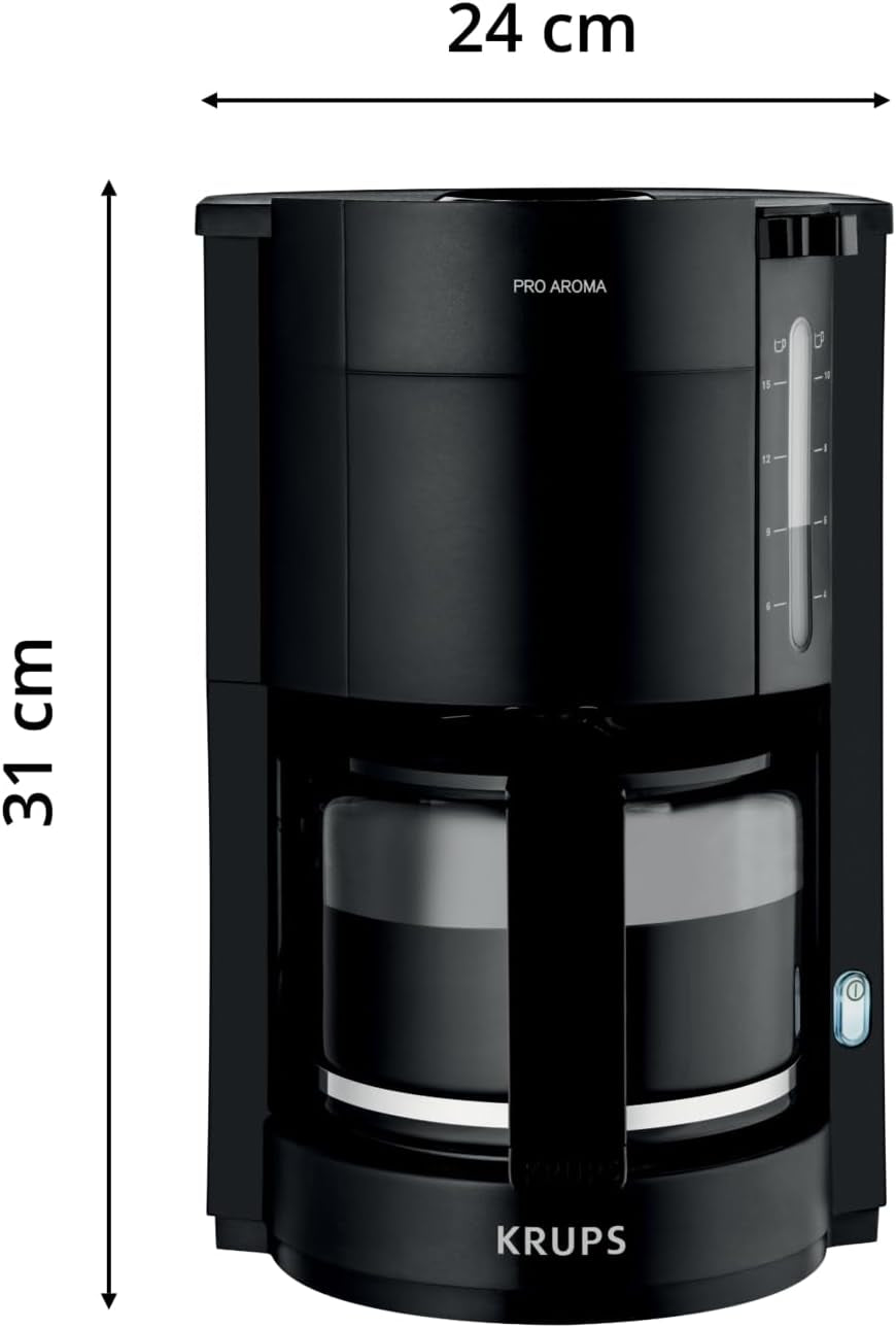 Krups F30908 ProAroma Ekspres do espresso z filtrem i szklaną karafką, pojemność 1,25 l, 10-15 filiżanek, 1050 W, czarny