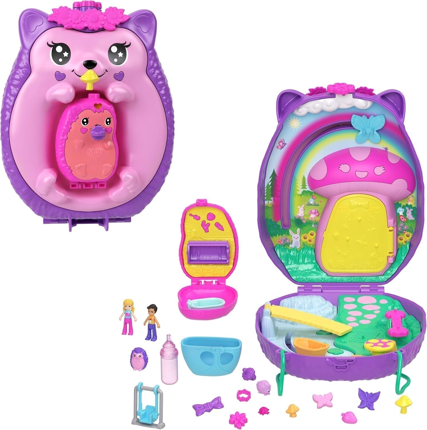 Polly Pocket GKJ64 - Przenośne pudełko kieszonkowe w kształcie ananasa z 8 zabawnymi funkcjami, lalkami Polly i Purple, 2 akcesoriami i arkuszem naklejek; zabawka dla dzieci od 4 roku życia Pupusi Naty Shop Mamma jeżyk dziecko