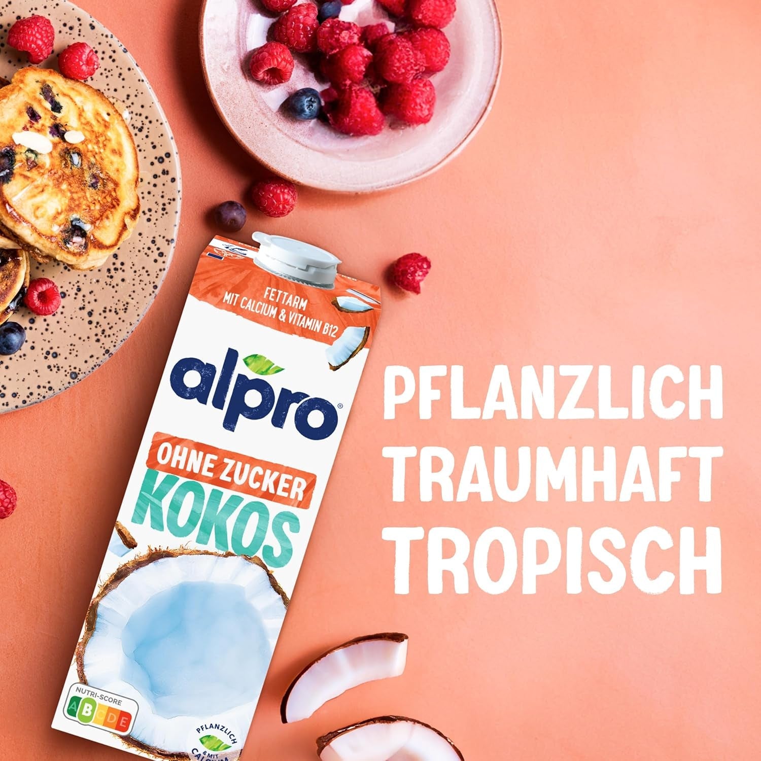 Alpro Kokosnussdrink ohne Zucker – Ohne Süßstoffe – Vegan und milchfrei – Von Natur aus lactosefrei und fettarm – Bogaty w wapń i witaminy – 8 x 1 L
