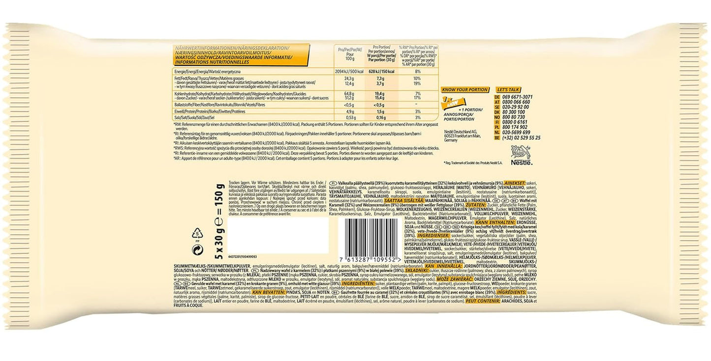 Opakowanie zbiorcze Nestlé LION, batoniki czekoladowe z białą polewą, pysznym karmelowym nadzieniem i chrupiącym wafelkiem, duże opakowanie cukierków, opakowanie 4 szt. (5 x 30 g każdy)