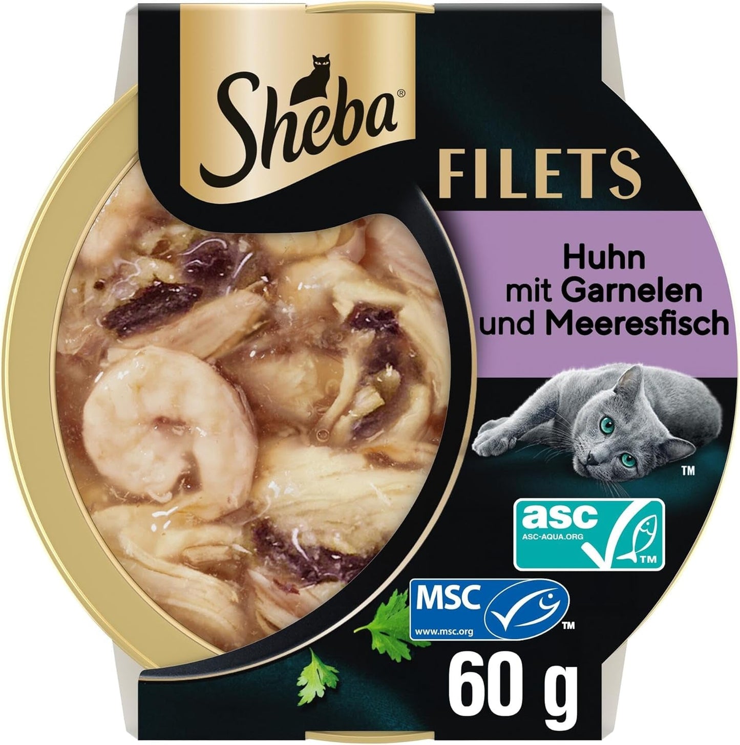 SHEBA Filety Katzenfutter Adult w sosie z kurczakiem, Hochseefisch i Garnelen 16 x 60 g w skorupce