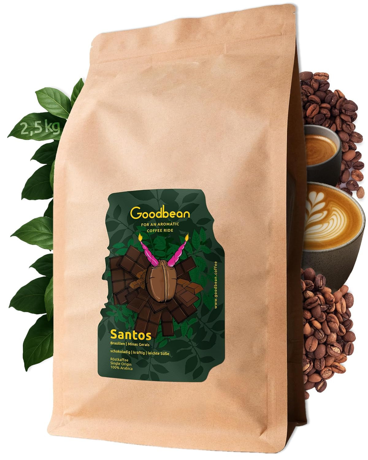 Santos | Kawa ziarnista 2500g - 100% Arabica z Brazylii | do espresso, cappuccino lub mocnej kawy filtrowanej | Pieczeń Omni | Kawa klasyczna – idealne wprowadzenie do kawy specialty