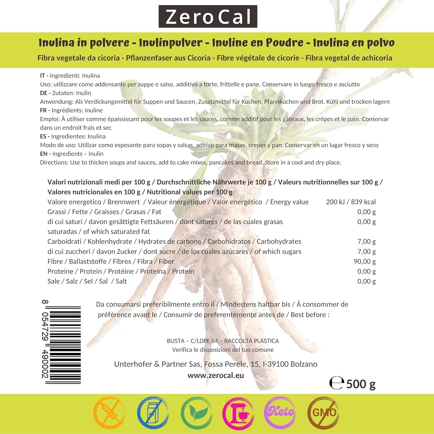 Zerocal - Proszek Inuliny Z Cykorii-Wurzel 500 G | Inulina Mit Hohem Balaststoffgehalt | 100% wegańskie i bezglutenowe | Herkunft Deutschland Słodziki Naty Shop