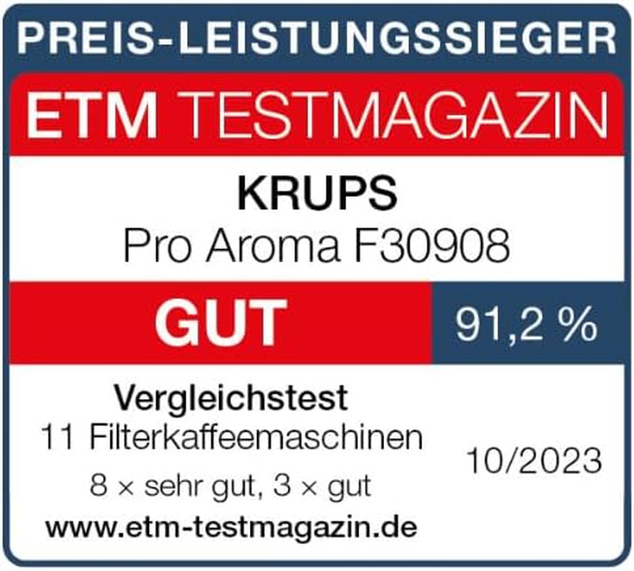 Krups F30908 ProAroma Ekspres do espresso z filtrem i szklaną karafką, pojemność 1,25 l, 10-15 filiżanek, 1050 W, czarny
