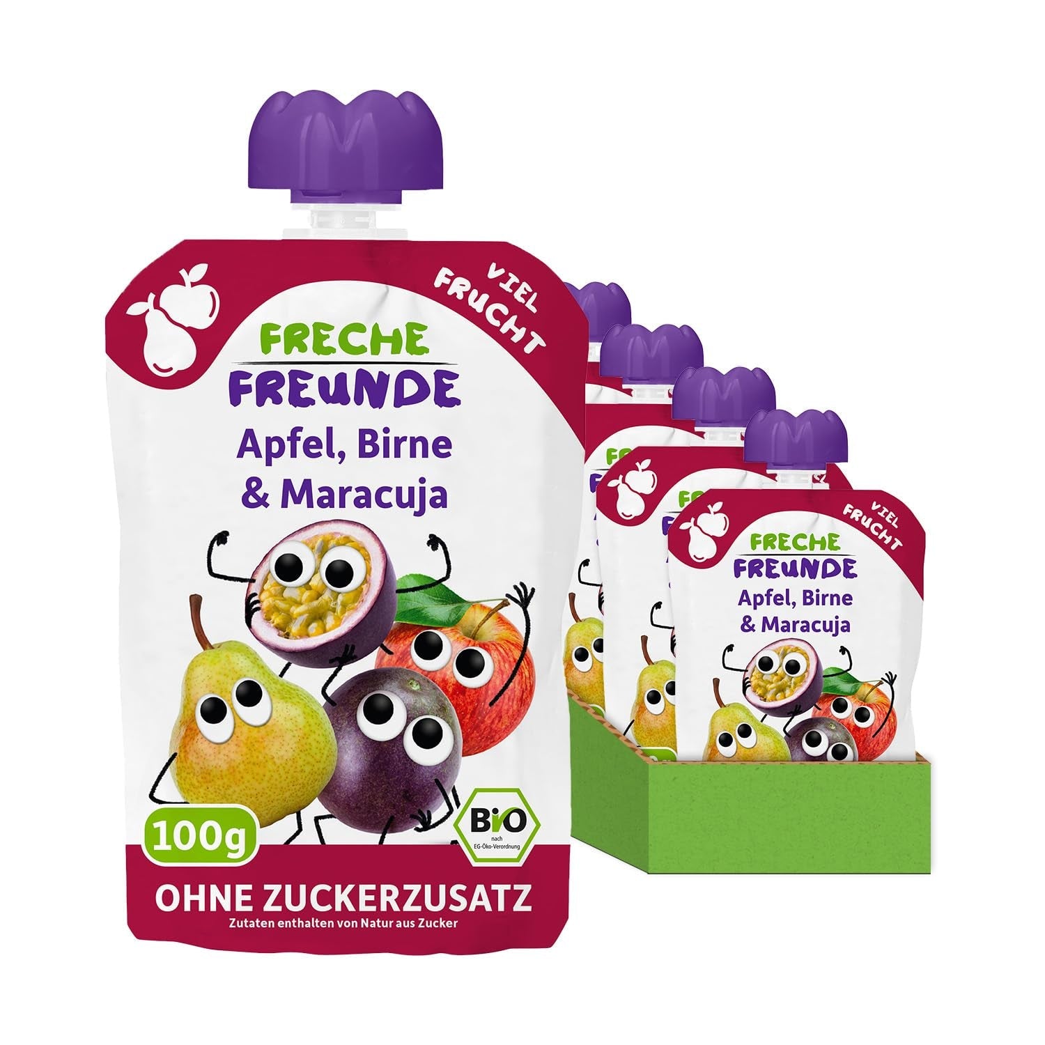 FRECHE FREUNDE Bio Quetschie Apple, Birne & Maracuja, Fruchtmus mit Obst im Quetschbeutel für Babies od 6. miesiąca, wegańskie, opakowanie 6er (6 x 100g)