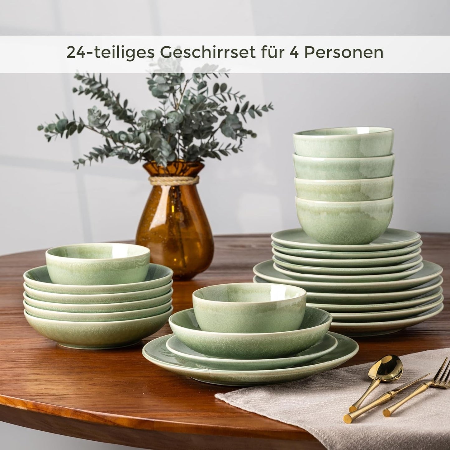GBHOME Zestaw ceramicznych naczyń obiadowych dla 6 osób, 24-częściowy ręcznie malowany zestaw talerzy i misek, kamionka odporna na zarysowania, Można myć w zmywarce i używać w kuchence mikrofalowej