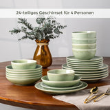 GBHOME Zestaw ceramicznych naczyń obiadowych dla 6 osób, 24-częściowy ręcznie malowany zestaw talerzy i misek, kamionka odporna na zarysowania, Można myć w zmywarce i używać w kuchence mikrofalowej