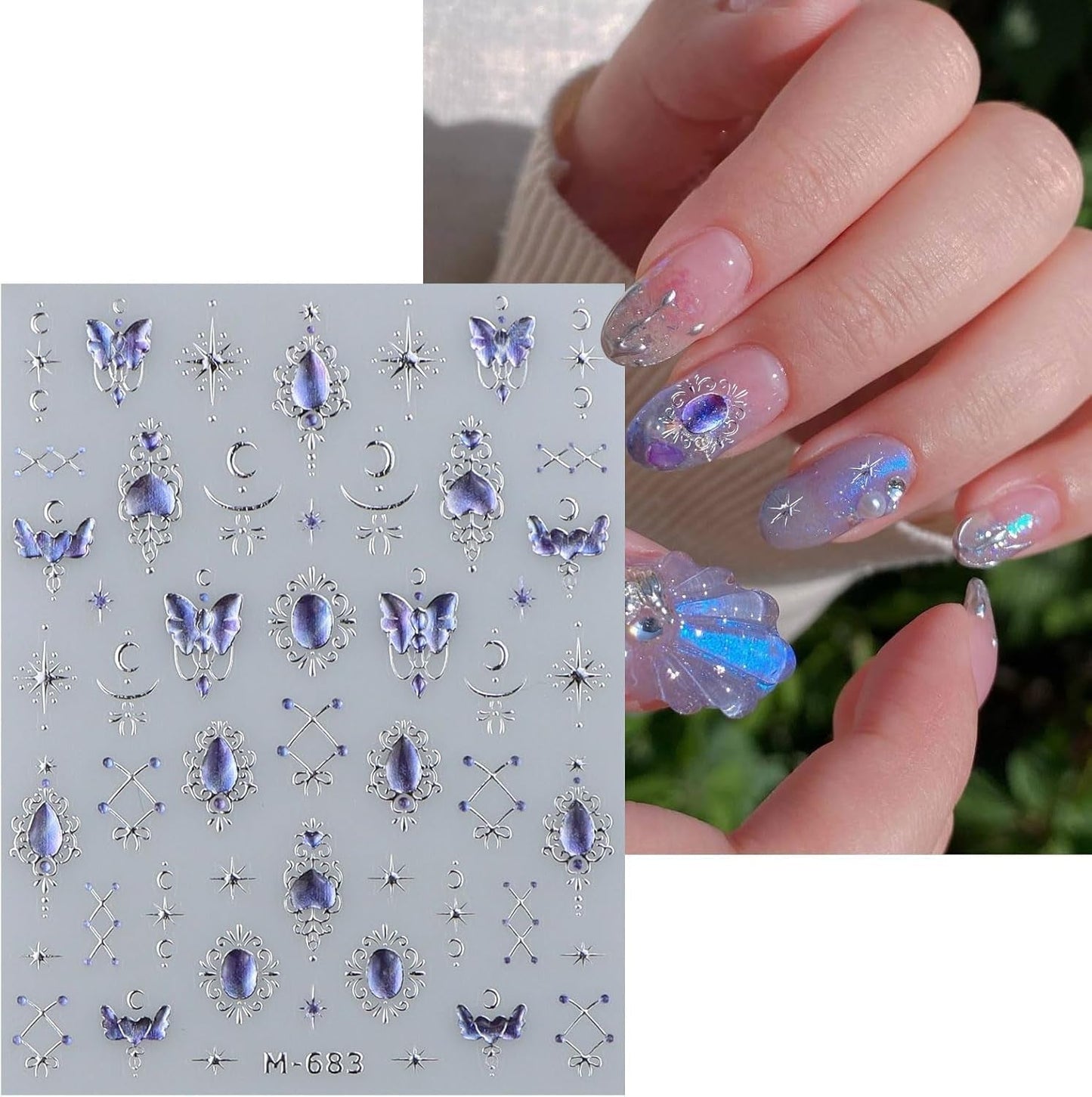 JMEOWIO 3D Nagelsticker Blauer Nail Art Naklejka Selbstklebend Nagelaufkleber 5D Stereoskopisch Mondstern Dekoration Nageldesign Zubehör 1 Blatt