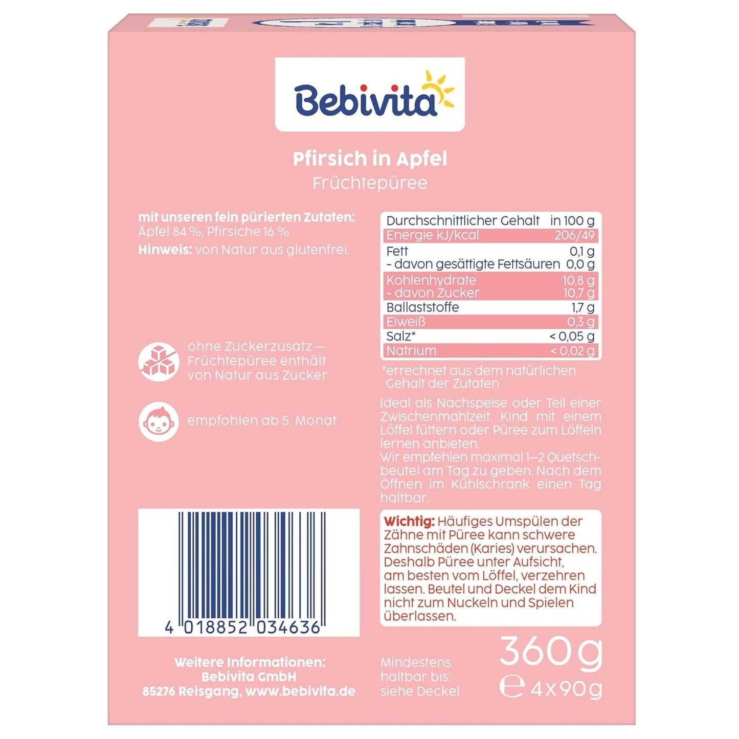 Woreczki do wyciskania Peach Apple - 16 opakowań (4 opakowania po 4 x 90 g każde), bez dodatku cukru, bezglutenowe, wegańskie, idealne dla dzieci od 5. miesiąca życia, idealne na wynos