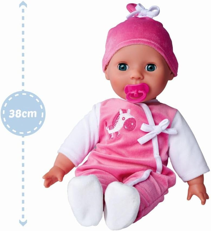 Simba 105140489 - Laura Baby Talk Doll, 38 cm lalka z miękkim ciałem i zaspanymi oczami w uroczym kombinezonie, 24 dźwięki dziecka, lalka do zabawy, lalka Baby, wiek 2+