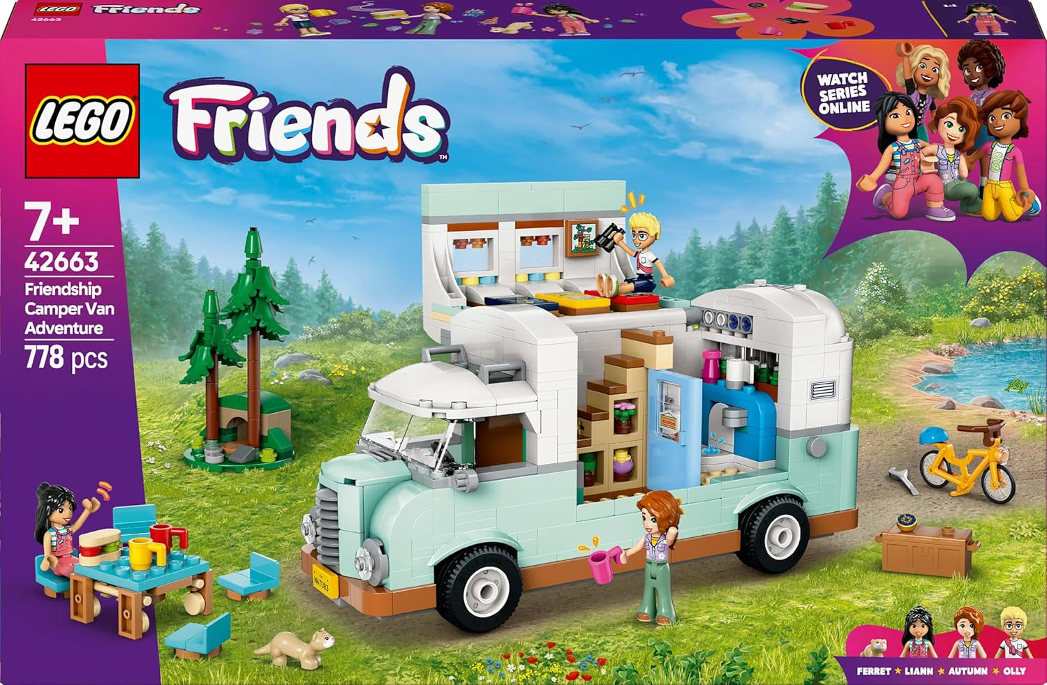 LEGO Friends Przyczepa kempingowa, zestaw do budowania do odgrywania ról z przyczepą kempingową, prezent dla dziewczynek w wieku od 7 lat, kreatywny zestaw z 3 minifigurkami i figurką zwierzątka fretki 42663 Zestawy do budowania Besuche den LEGO-Store