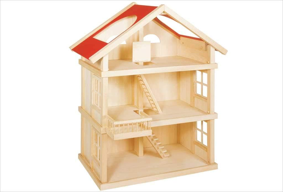 51957 Drewniany domek dla lalek, 65 x 35 x 87,5 cm - Duży drewniany domek dla lalek, 3 piętra, otwarta konstrukcja, czerwony dach, schody i balkon do kreatywnego odgrywania ról, świat domku dla lalek