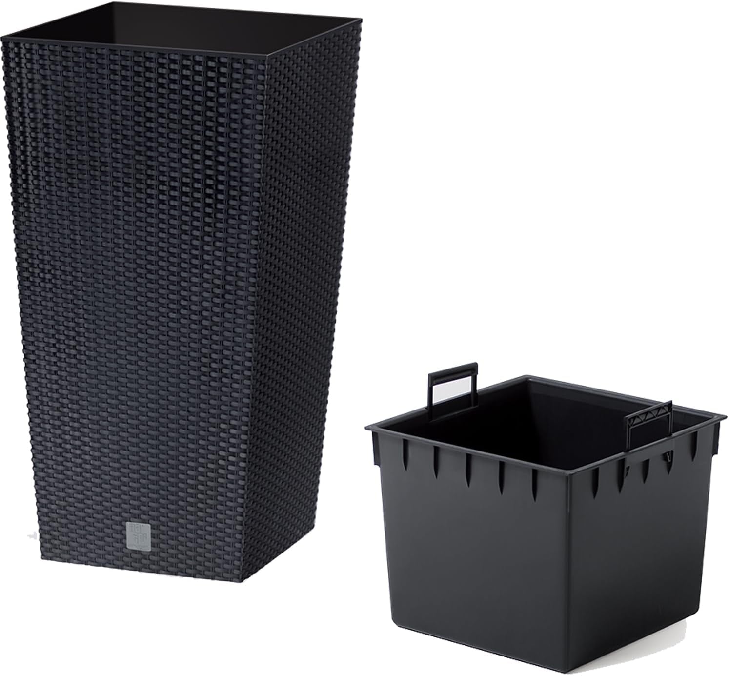 Doniczki/garnki Prosperplast imitujące rattan z wkładem | 32,5 x 32,5 x 61 cm | antracyt | odporny na warunki atmosferyczne i promieniowanie UV | wykonane z wytrzymałego plastiku | do wnętrz i na zewnątrz