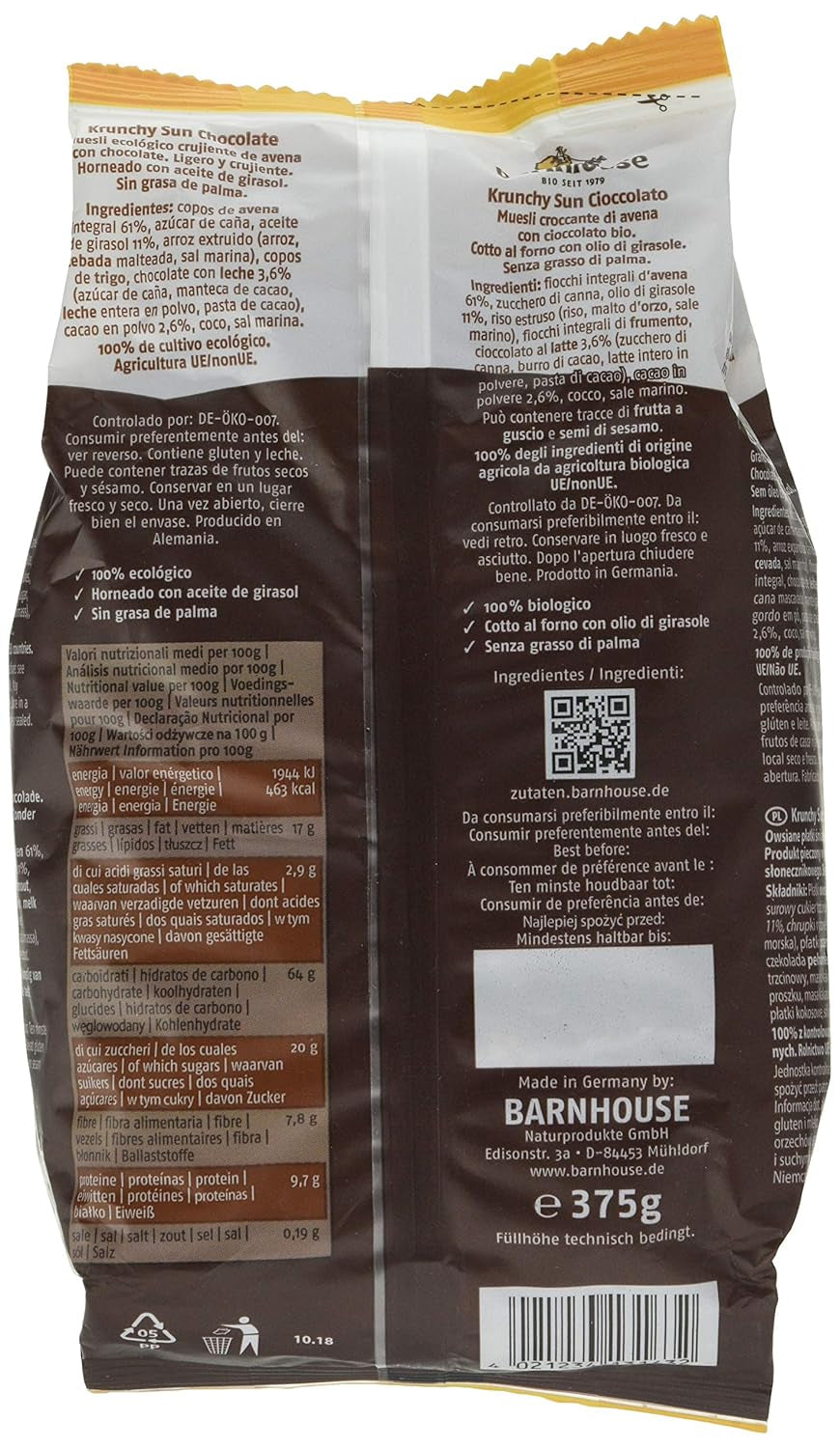 Barnhouse Krunchy Sun | Musli z czekoladą | Ekologiczne | Wegetariańskie, 375 gramów
