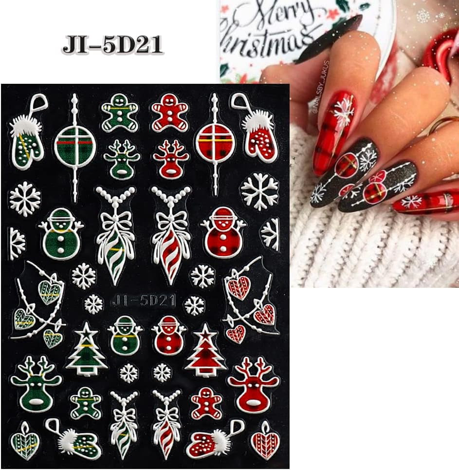 5 Blatt 3D Nagelsticker Weihnachten Nagelaufkleber 5D Stereoskopisch Selbstklebend Schneeflocke-Weihnachtswinterurlaub Nail Art Naklejka Dekoration Nageldesign Zubehör