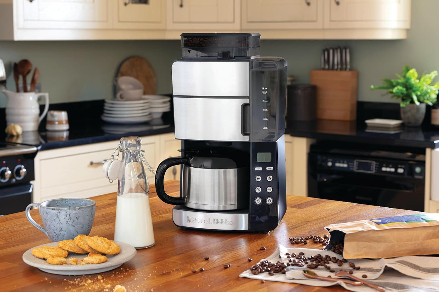 Ekspres do kawy Russell Hobbs z młynkiem i dzbankiem termicznym [cyfrowy timer, słuchawka prysznicowa dla optymalnej ekstrakcji i aromatu] Grind&Brew (1–10 filiżanek, 3 poziomy mielenia) Filtrowy ekspres do kawy 25620-56