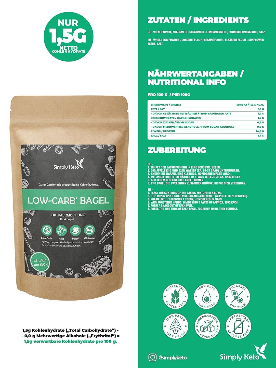 Simply Keto Lower Carb* Mieszanka do pieczenia bajgli dla osób z niską zawartością węglowodanów* i diety ketogenicznej - bez laktozy i glutenu - 335 gramów Naty Shop Kitchen
