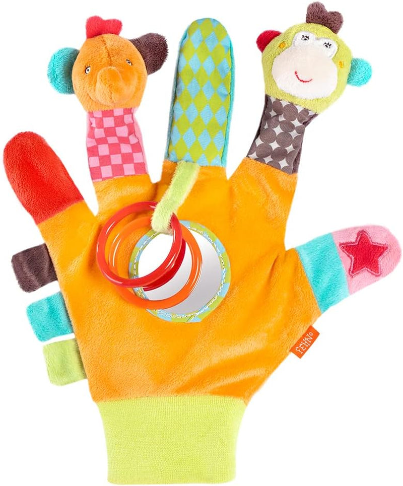 Fehn Play Glove safari - pacynki na palce małpy i słonia oraz skarpetki z dzwoneczkami z jednorożcem - skarpetki dziecięce z dzwonkiem i głową jednorożca - stymulują motorykę i zmysły Bebe Toys Naty Shop