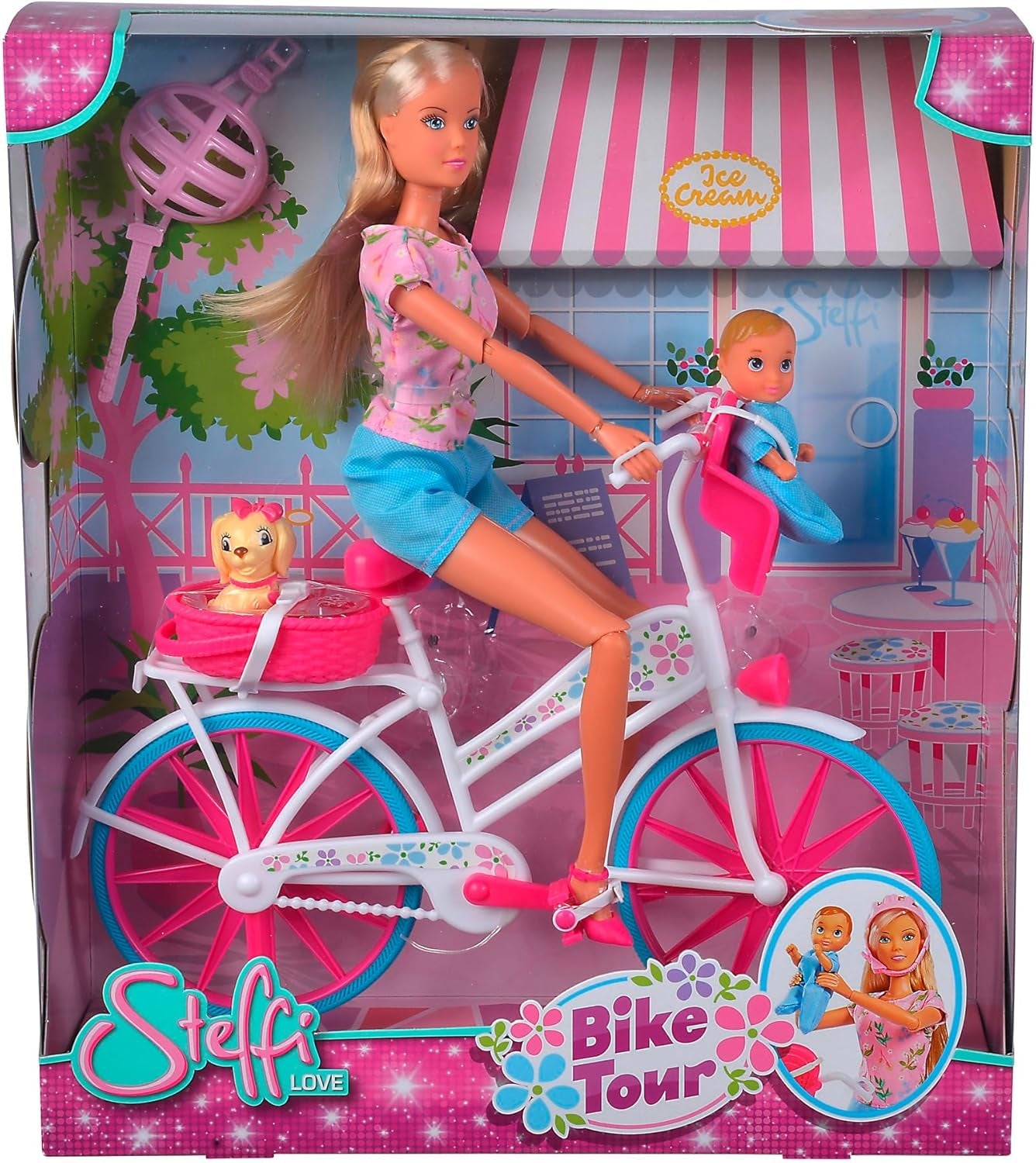 Simba 105739050 - Steffi Love Bike Tour, Steffi i Evi w ich trzypiętrowym zamku z huśtawką, meblami i mnóstwem akcesoriów, 40 sztuk, 102x90x38cm, dla dzieci w wieku 3 lat i starszych