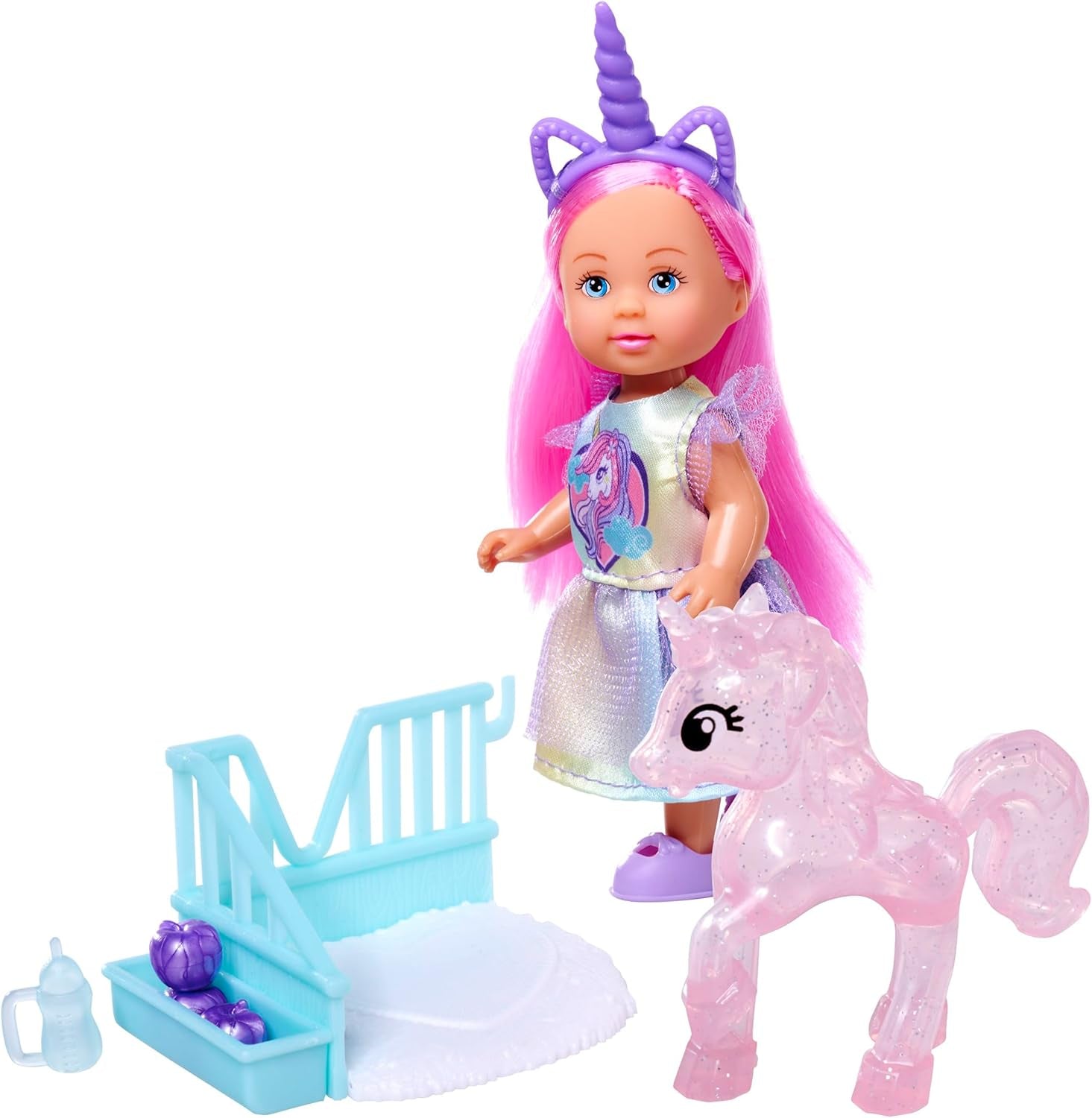 Lalka Simba Evi Love Unicorn Play, ubrana w uroczą sukienkę z jednorożcem i pasującą opaską na głowę, w tym jednorożec ze stajnią, jabłkami i butelką do picia, 12 cm, wiek 3+