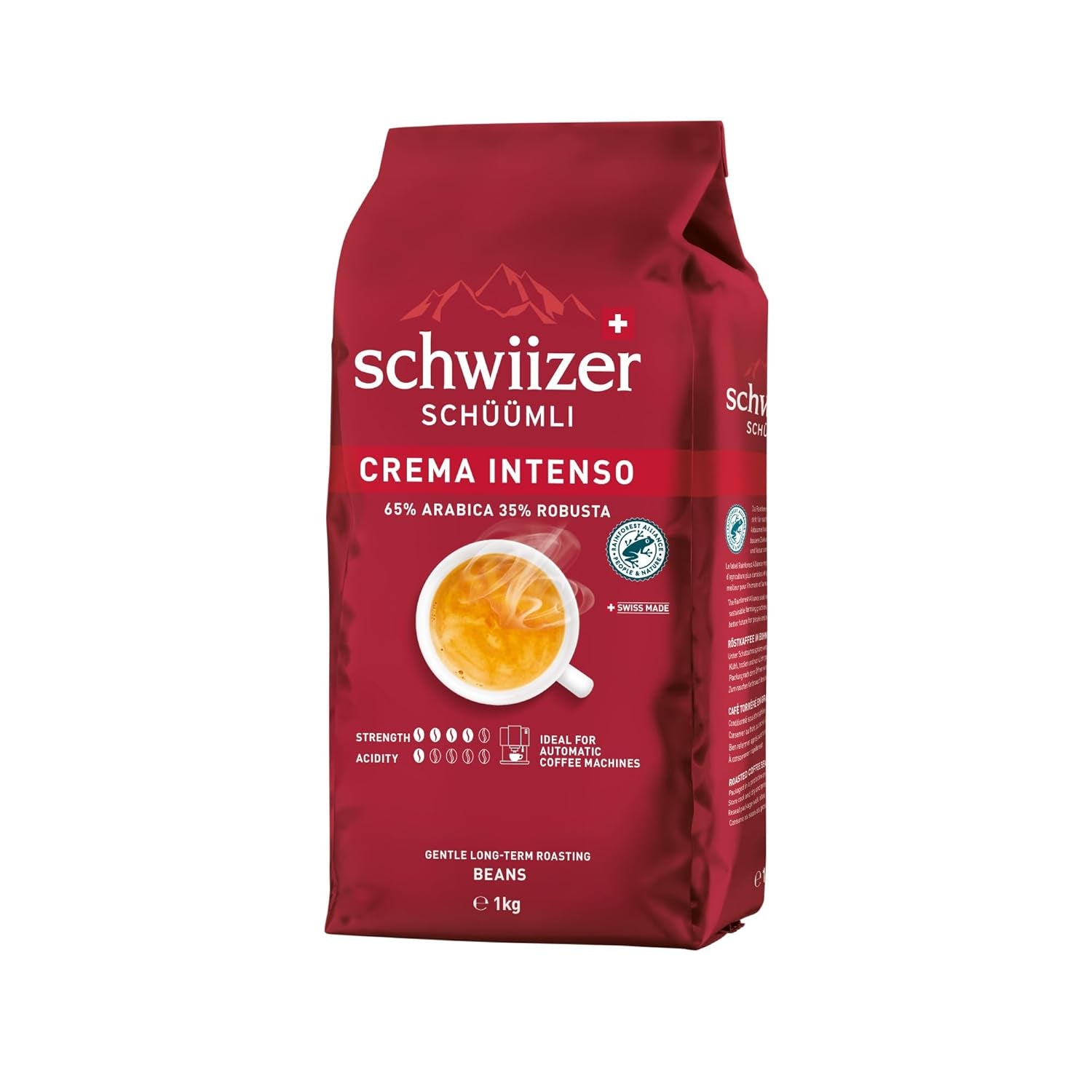 Schwiizer Schüümli Intenso, kawa ziarnista Arabica/Robusta, pełna i intensywna, idealna do automatycznych ekspresów ciśnieniowych, moc 4/5, średnio palona, ​​Rainforest Alliance, 1kg