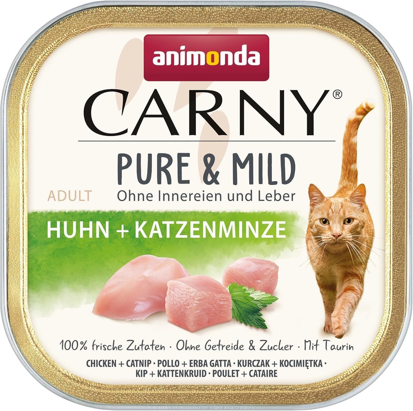 Adult Pure & Mild mokra karma dla kotów z kurczakiem i kocimiętką (32 x 100 g), dla wrażliwych kotów, bez zbóż i bez cukru, lekkostrawna mokra karma z kurczakiem