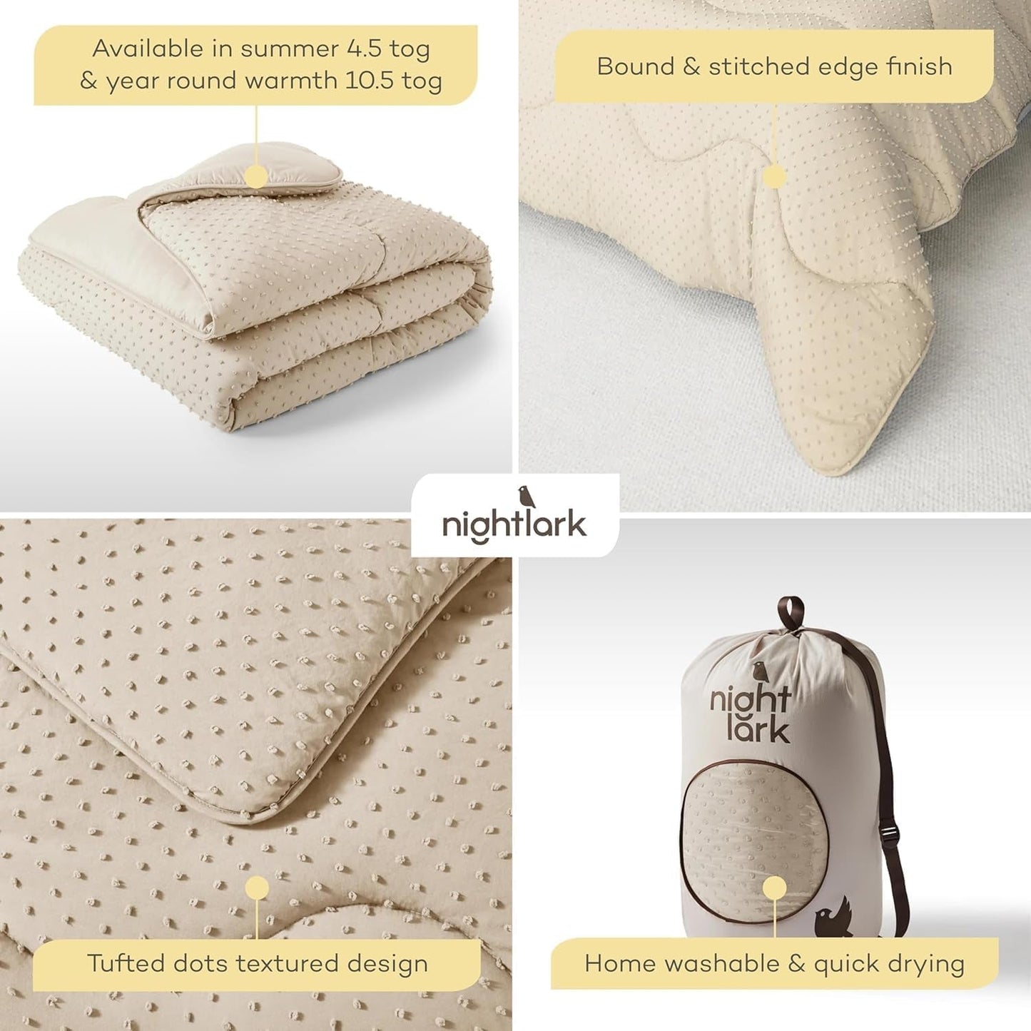 Pościel Night Lark bez pokrowca, 4,5 Tog, duży rozmiar, kolekcja Tufted Dot, luksusowa pościel, hipoalergiczna, można prać w pralce, ciepłe kołdry i kołdry z piasku Naty Shop