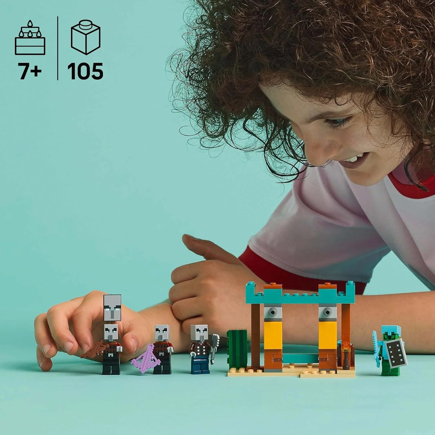 LEGO Minecraft Zestaw gier wideo Pustynny patrol Illager dla dzieci, minizabawka placówki i trzy minifigurki, w tym łupieżca, sługa i rycerz-kaktus 21267 Zestawy do budowania Kup w sklepie LEGO