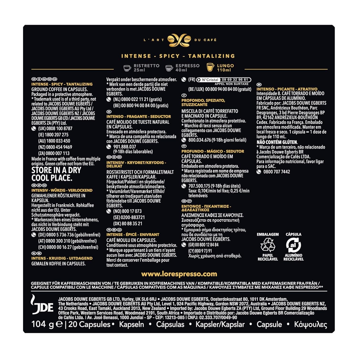 L'OR Espresso Koffiecups Lungo Profondo (200 kapsułek Lungo Koffie, Gesicht voor Nespresso* Koffiemachines, Intensywność 08/12, 100% Arabica Koffie, UTZ Gecertificeerd), 10 x 20 filiżanek