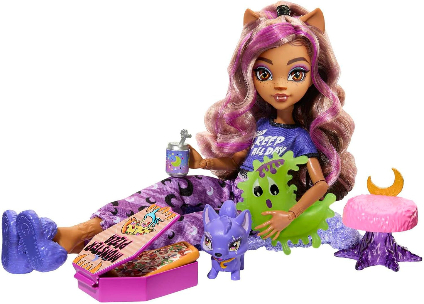 MONSTER HIGH lalki i akcesoria do spania, lalka Clawdeen Wolf z kotem, półksiężyc, impreza Creepover, HKY67