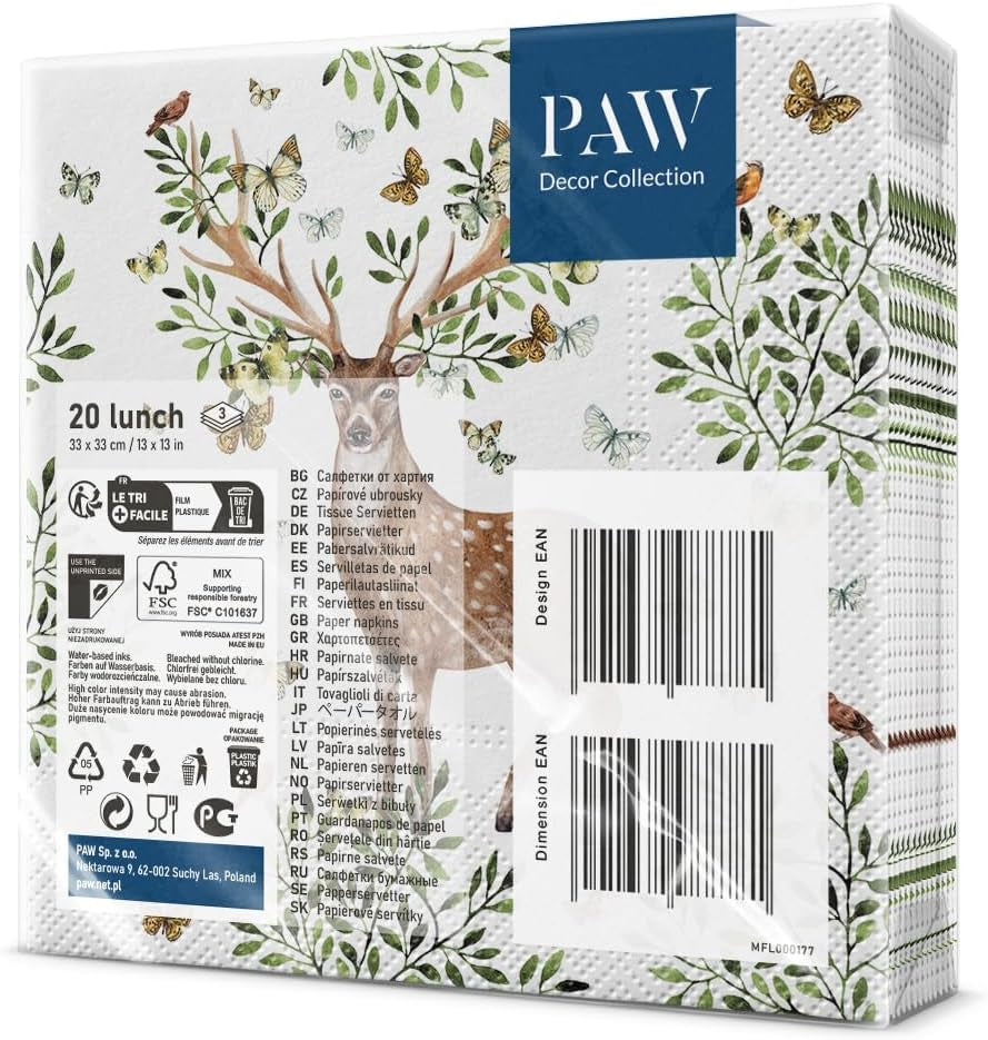 PAW - Serwetki 3-warstwowe (33 x 33 cm) I 20 sztuk I Idealne na urodziny, przyjęcia, komunie i święta dla dzieci I Kolorowe serwetki papierowe z motywem imprezowym I Zwierzęta, Radość, Impreza - Poroże