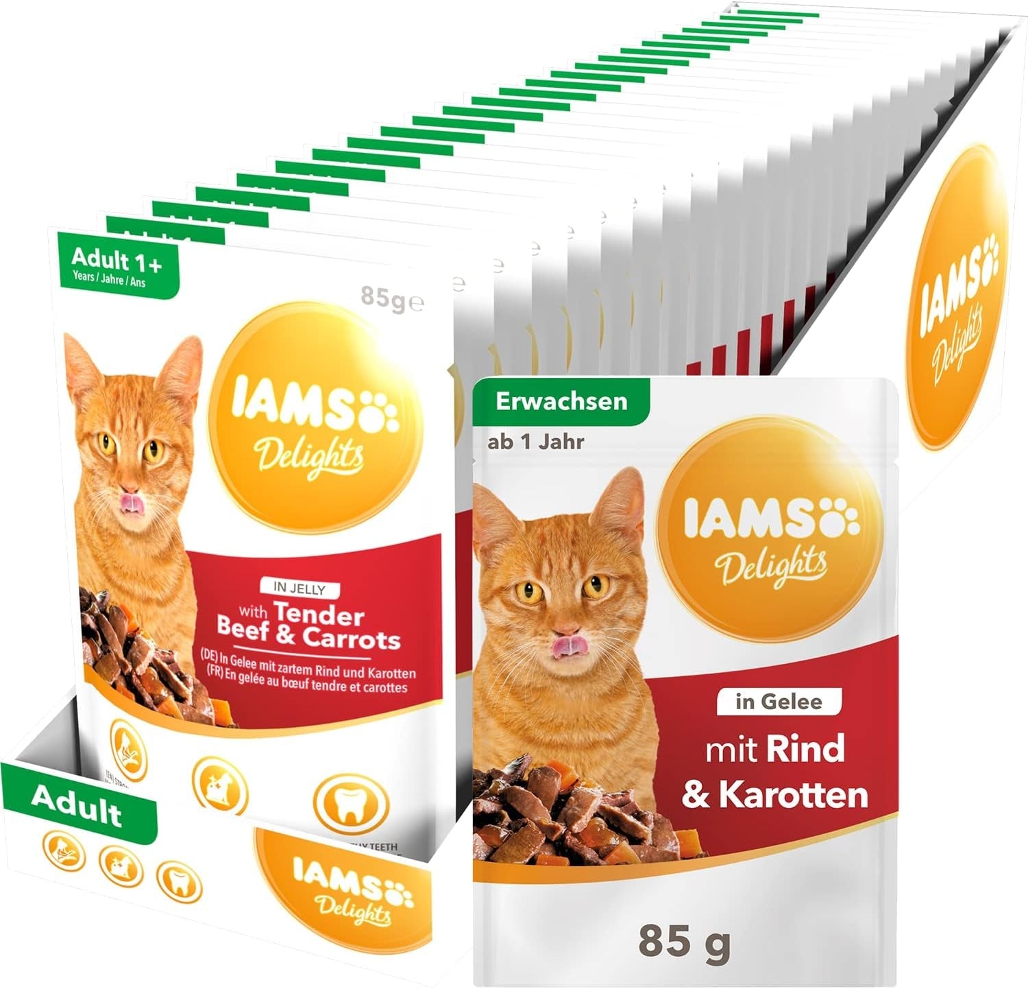 IAMS Delights Mokra karma dla kotów z soczystą wołowiną i marchewką w galarecie - Kompletna karma mokra dla dorosłych kotów, 24 saszetki x 85g