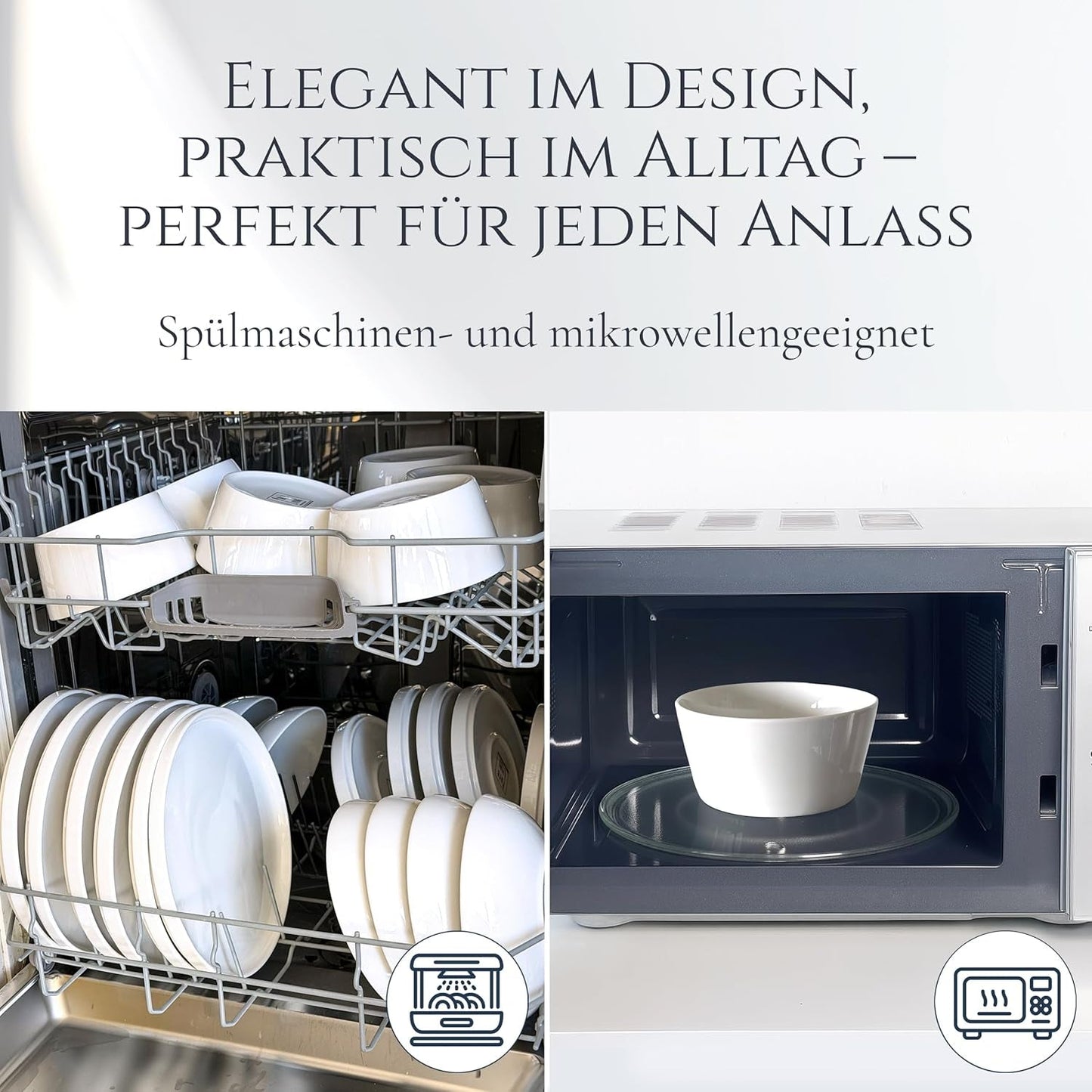 Kryształowy 48-częściowy zestaw naczyń obiadowych z porcelany ZWYCIĘZCA TESTU Zestaw naczyń z przezroczystej porcelany Miski i talerze Serwis obiadowy na 12 zestawów obiadowych Pure Living w kolorze białym