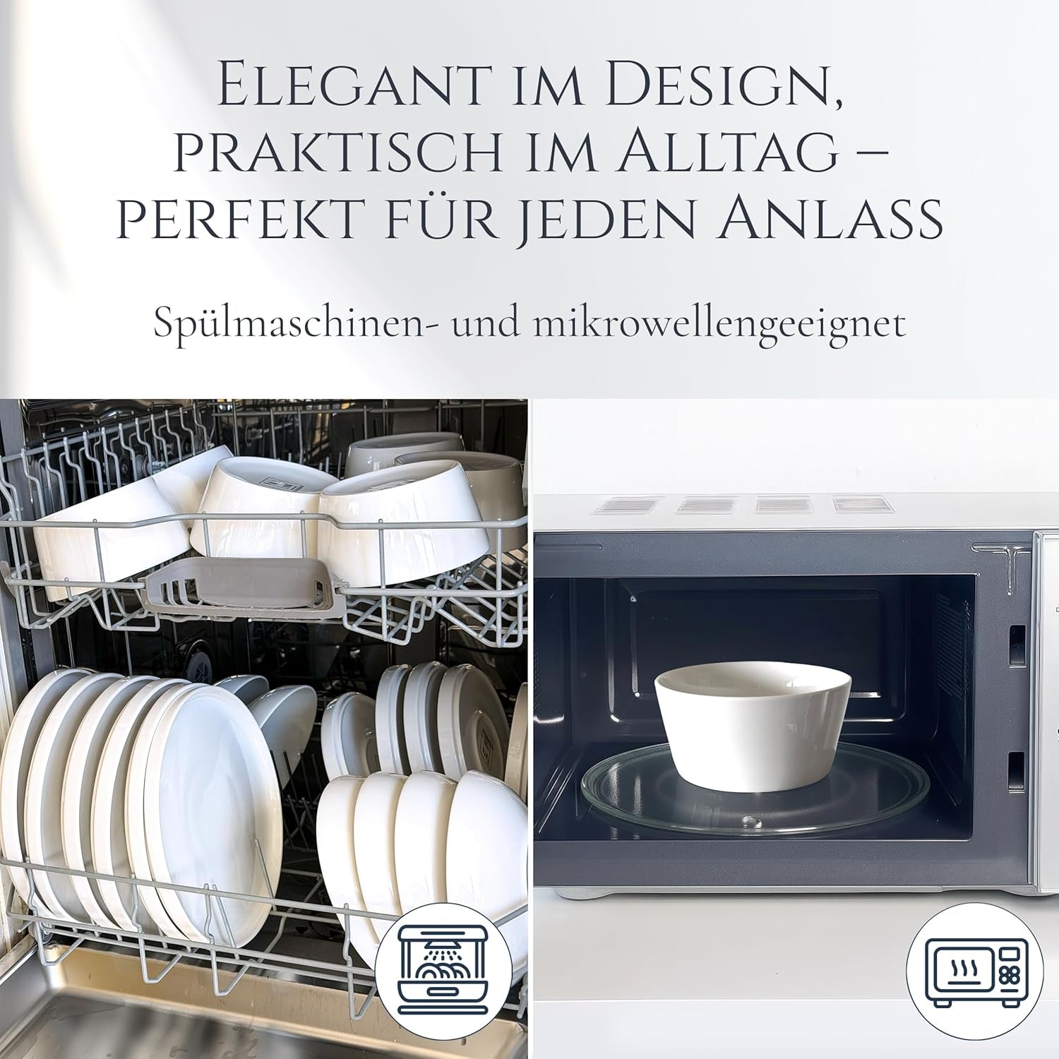Kryształowy 48-częściowy zestaw naczyń obiadowych z porcelany ZWYCIĘZCA TESTU Zestaw naczyń z przezroczystej porcelany Miski i talerze Serwis obiadowy na 12 zestawów obiadowych Pure Living w kolorze białym