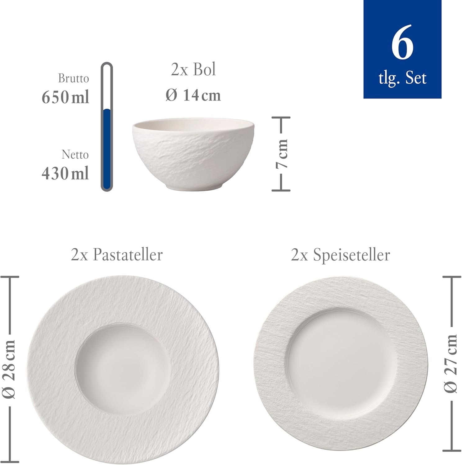 Villeroy & Boch - Manufacture Rock Blanc Geschirrset 6 teilig weiß, Spülmaschinenfest, Mikrowellensicher, Geschirr Modern, Zestaw startowy, Speiseteller, Pastateller, Müslischalen, Premium Porzellan