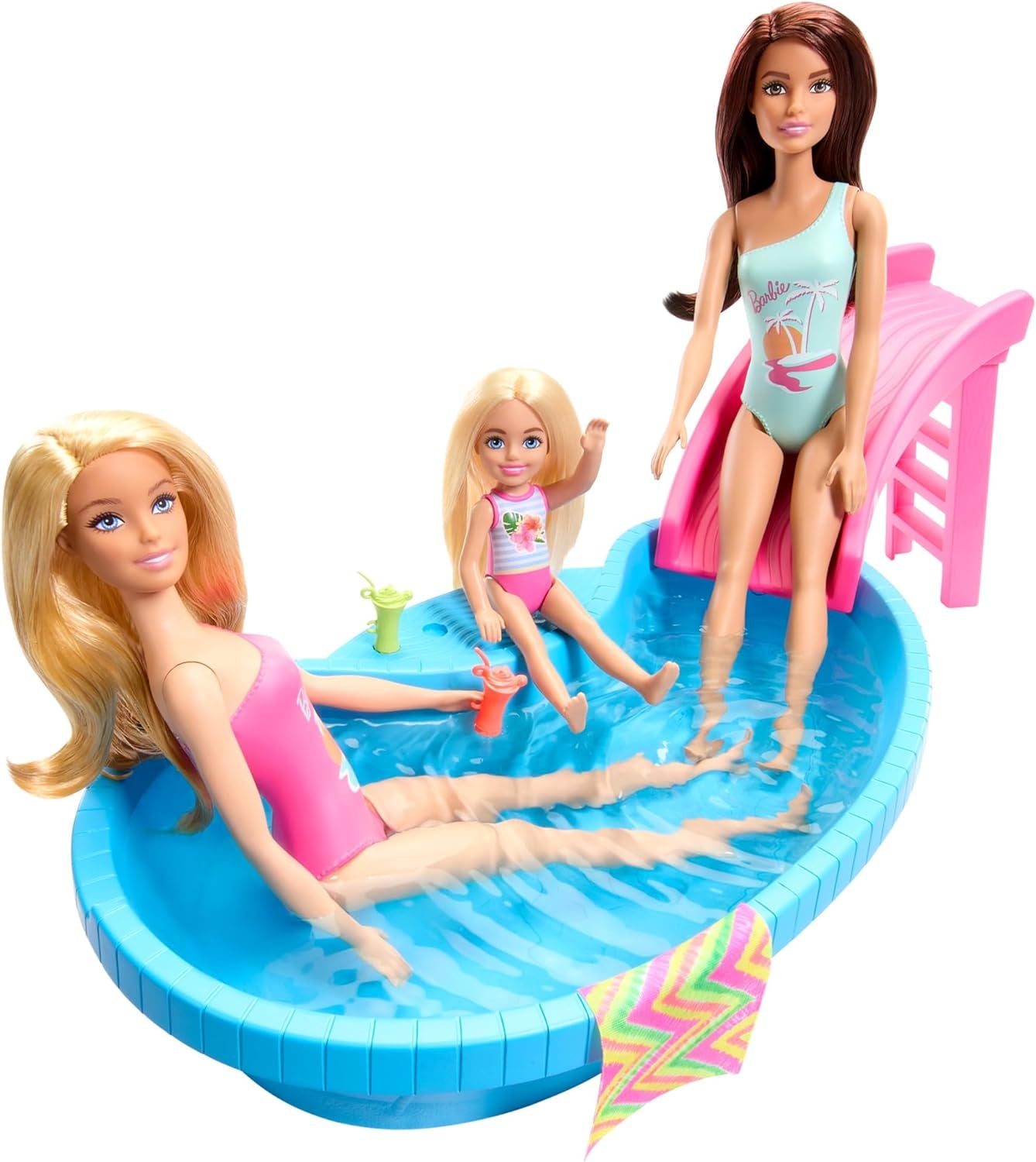 Lalka Barbie i akcesoria - basen ze zjeżdżalnią i akcesoriami do wielogodzinnej zabawy na słońcu, różowy kostium kąpielowy z tropikalnym wzorem, dla dzieci od 3 lat, HRJ74 Naty Shop Dollhouses