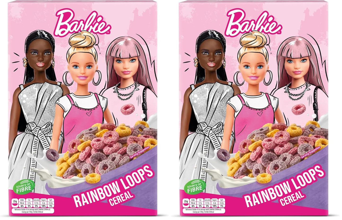 Barbie Rainbow Loops płatki zbożowe, kolorowe krążki pszenicy, owsa i kukurydzy o smaku owocowym na idealne śniadanie, 1 opakowanie (1 x 350g)
