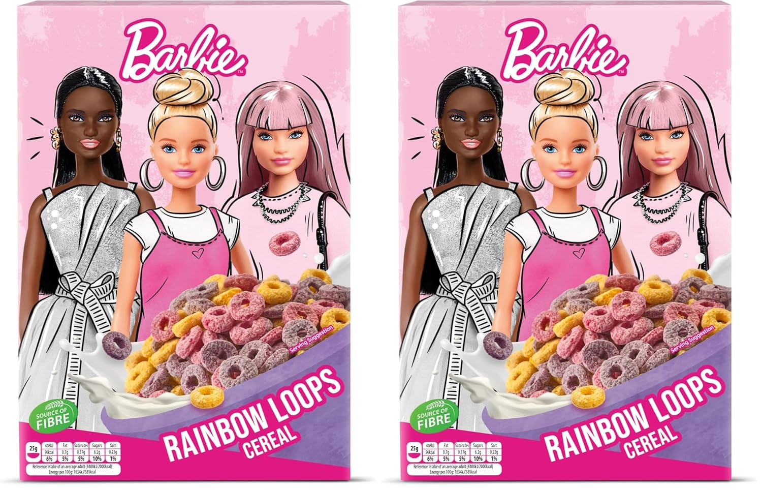 Barbie Rainbow Loops płatki zbożowe, kolorowe krążki pszenicy, owsa i kukurydzy o smaku owocowym na idealne śniadanie, 1 opakowanie (1 x 350g)