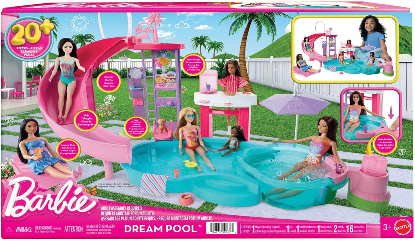 Zestaw Barbie Dream Pool z sześcioma obszarami do zabawy, w tym zjeżdżalnią i jacuzzi, a także ponad 20 akcesoriami, takimi jak zwierzak, kółka do pływania i inne, JKG83
