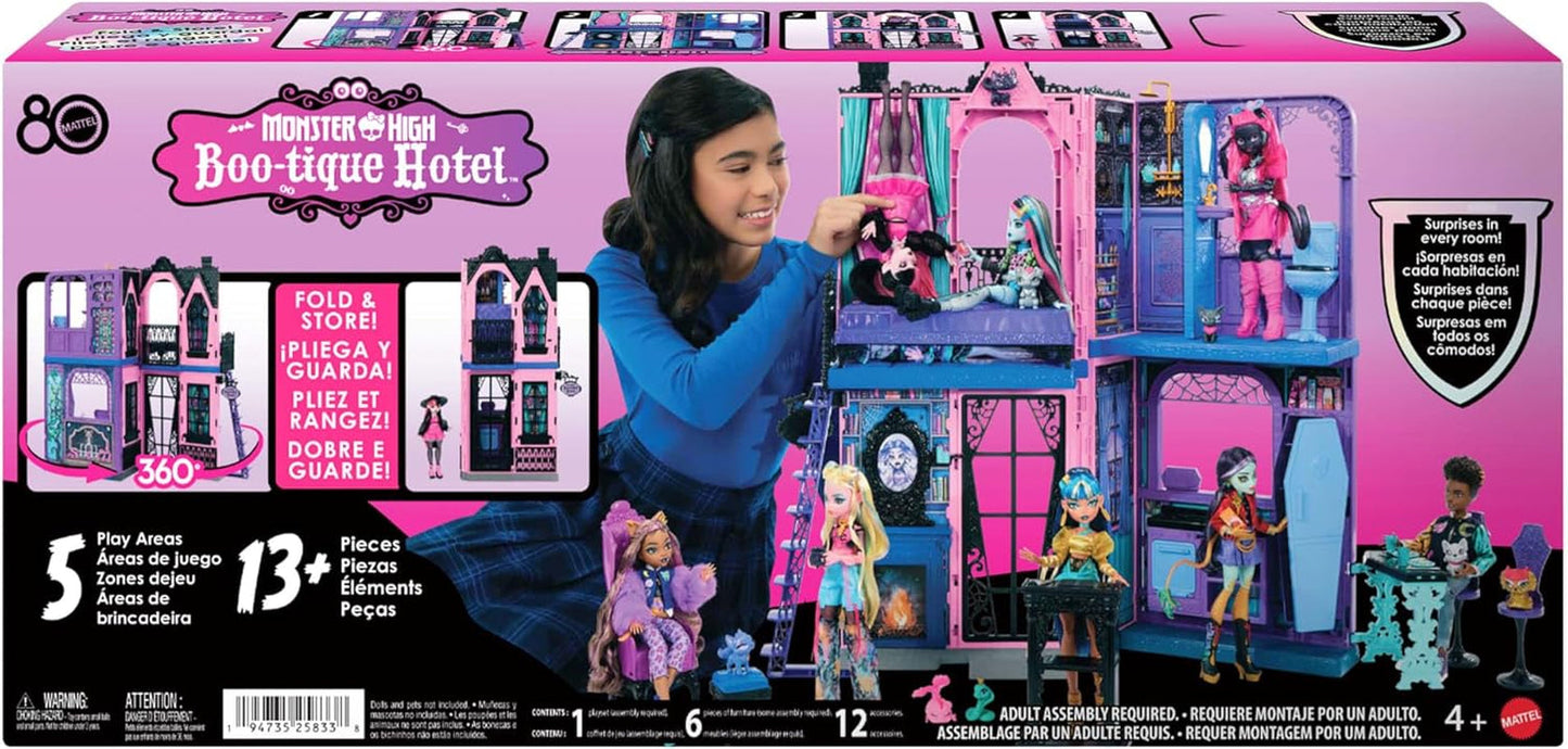 Hotelowy domek dla lalek Monster High Buh-tique, składany zestaw ze strasznymi niespodziankami w każdym pokoju i ponad 13 zestawów do zabawy, w tym meble i akcesoria, JBF16