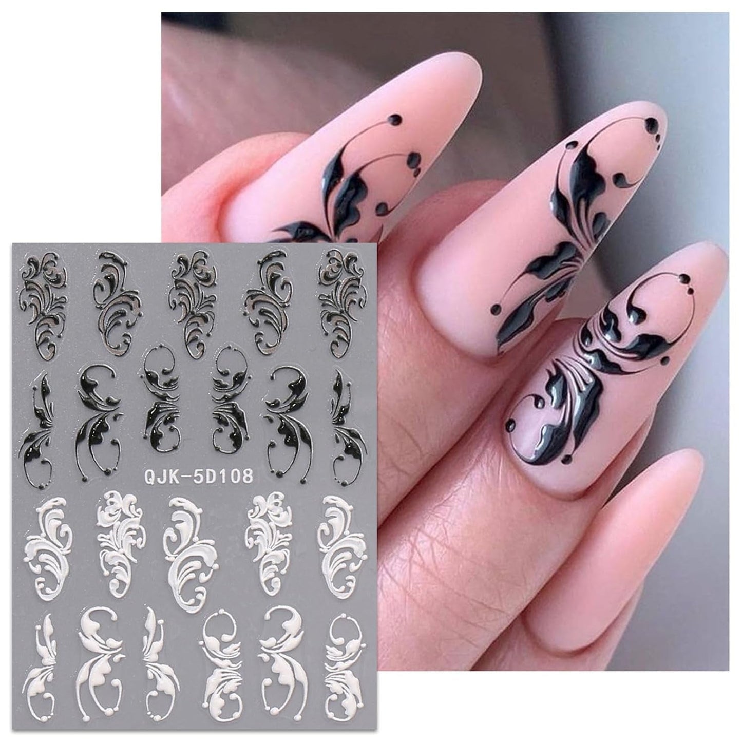 JMEOWIO 3D Nagelsticker Schwarz Weiß Blume Nail Art Naklejka Selbstklebend Nagelaufkleber 5D Stereoskopisch Blumen Dekoration Nageldesign Zubehör 4 Blatt