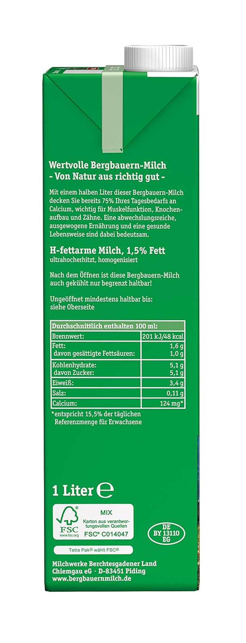 Berchtesgadener Land Haltbare Bergbauern-Milch, 1,5% Fett, opakowanie 12er (12 x 1 l)