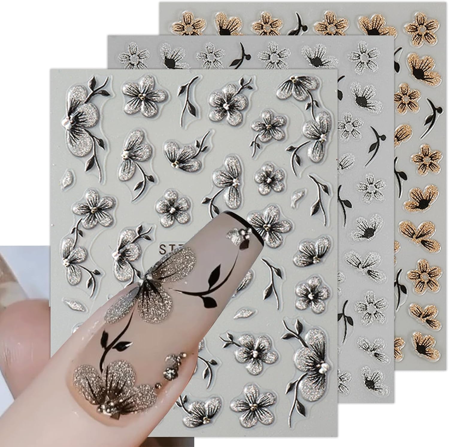 JMEOWIO 6 Blatt 3D Nagelsticker Blumen Nail Art Naklejka Selbstklebend Nagelaufkleber 5D Stereoskopisch Frühling Sommer Blumen Dekoration Nageldesign Zubehör