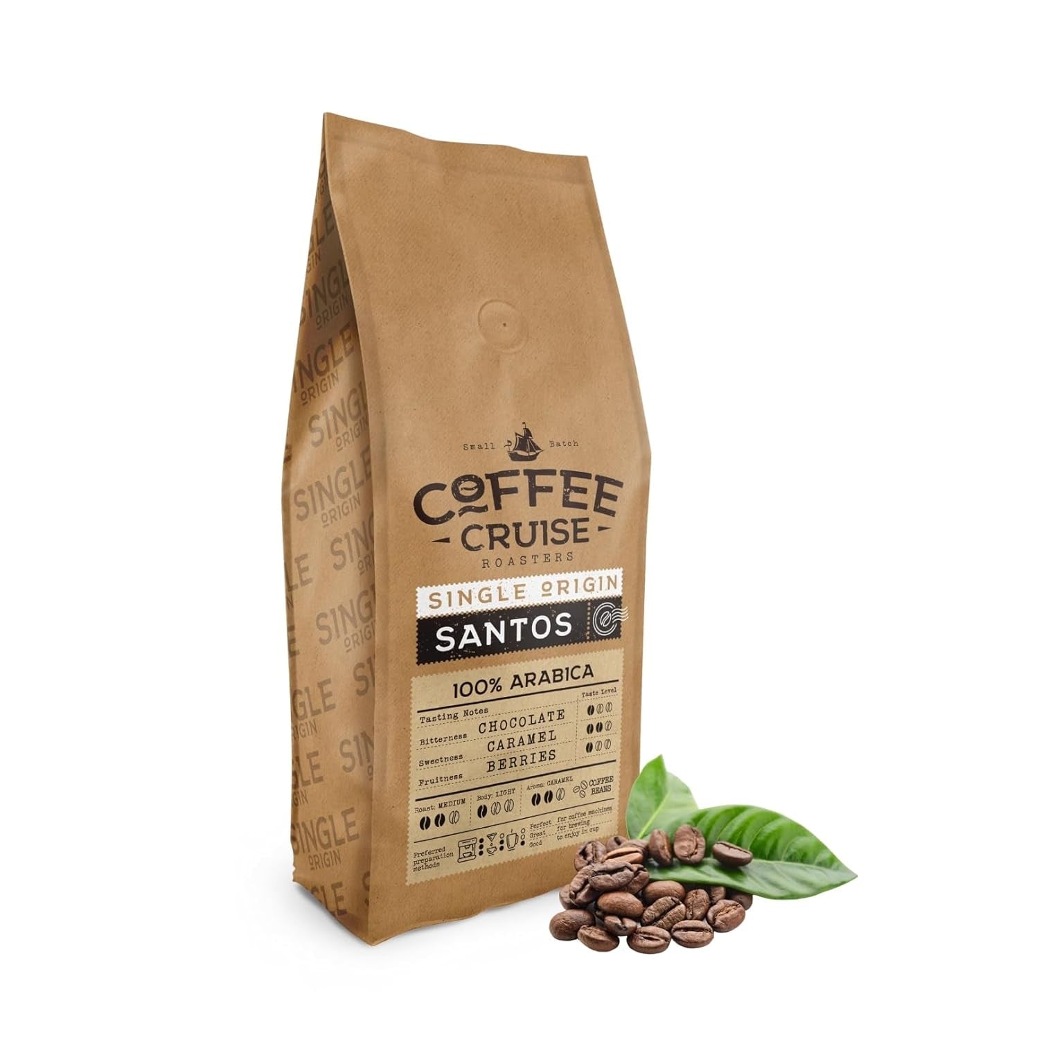 WYCIECZKA KAWOWA Santos Kaffeebohnen 1kg - Mittlere Röstung - Aroma Caramel - Für All Kaffeemaschinen - 100% Arabski