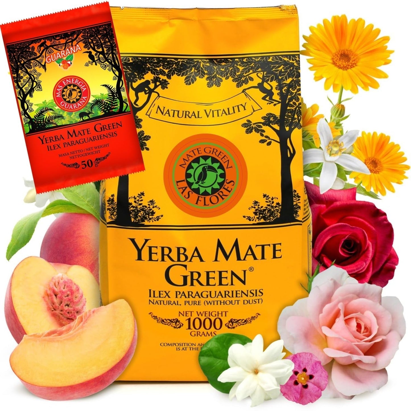 Yerba LAS FLORES 1 kg ● Herbata Yerba Mate z brazylijskimi brzoskwiniami ● Jaśmin ● Herbata Mate z liści mate ● Naturalne aromaty ● Herbata Yebra Mate z guaraną 50 g ● Herbata Yerba Mate z całymi liśćmi 1050 g ● Wegańska