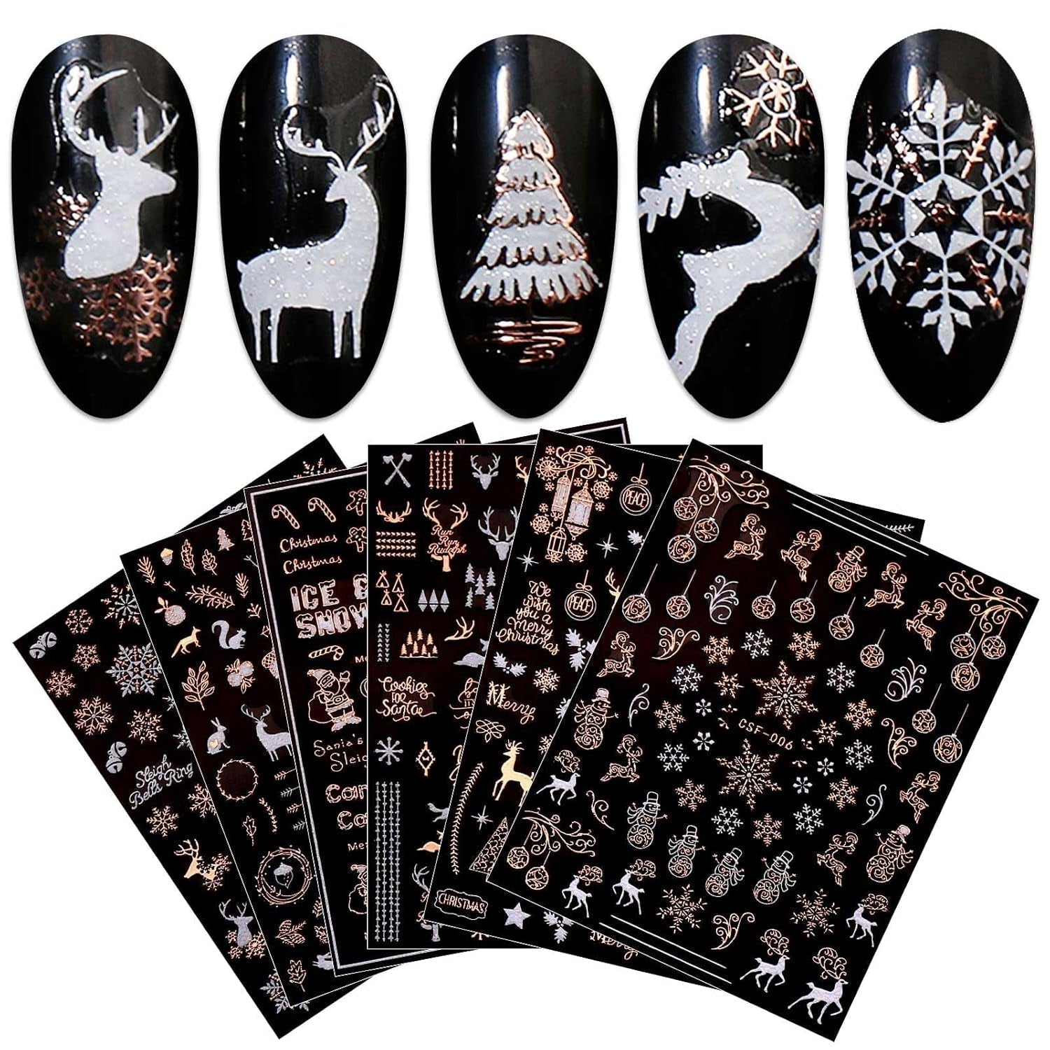 JMEOWIO Nagelsticker Weihnachten 9 Blatt Nail Art Naklejka Selbstklebend Nagelaufkleber Schneeflocke Schneemann Festival Weißes Gold Dekoration Nageldesign Zubehör