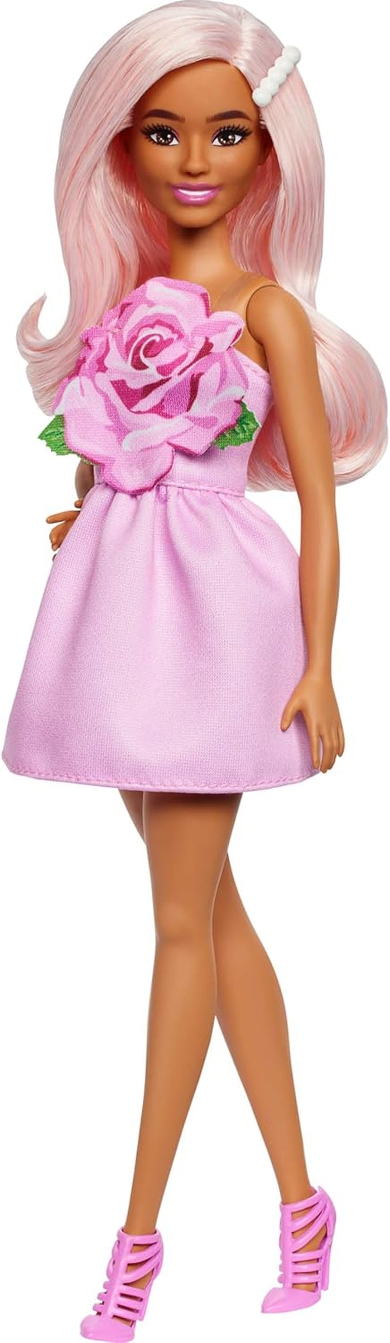 Lalka Barbie Fashionistas nr. 238 z pastelowymi różowymi włosami, sukienką bez ramiączek z różowym topem, perłową spinką do włosów i szpilkami na wysokich obcasach, HYT94 Naty Shop Dolls Default Title