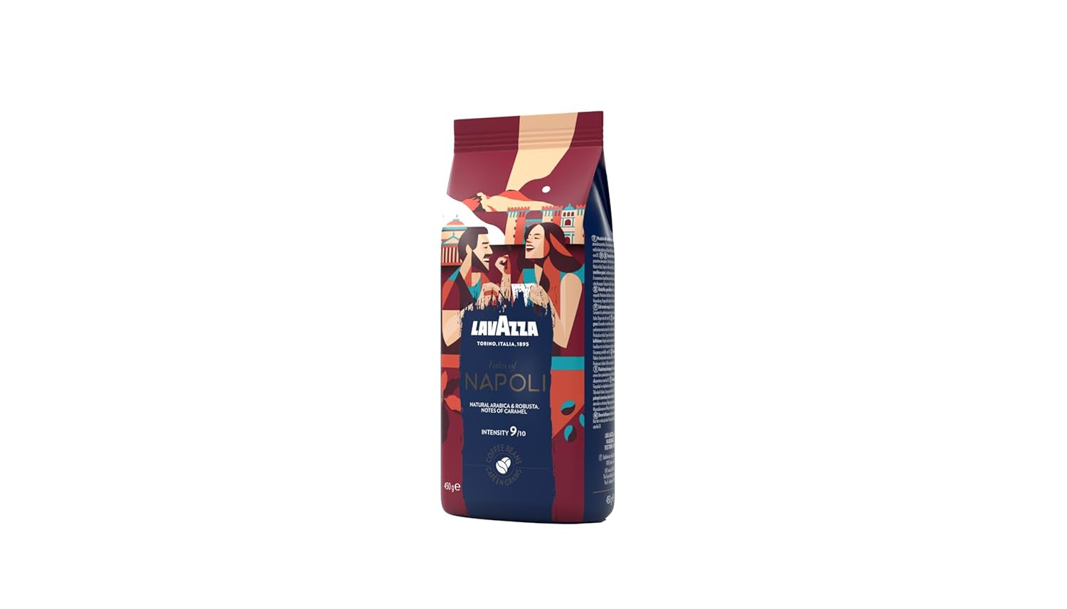 Lavazza, Tales of Napoli, kawa ziarnista, idealna do ekspresów, z aromatycznymi nutami kakao i karmelu, Arabica i Robusta, intensywność 9/10, intensywna palenie, 450 g